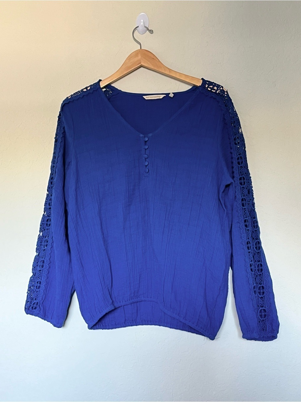 Soft Surroundings Blue Cotton Gauze Crochet Sleeve Peasant Boho Blouse Medium